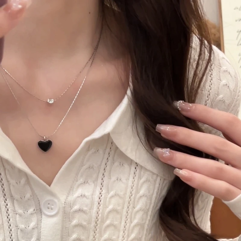 钛钢项链 钛钢项链 双层黑色爱心项链女甜酷气质时尚高级感锁骨链