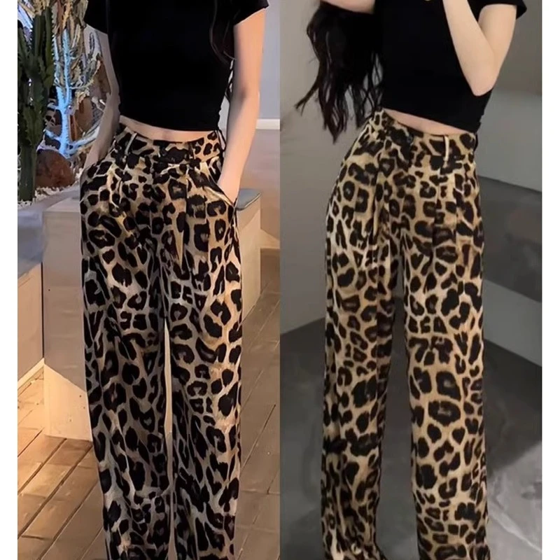 欧美ins潮豹纹缎面瘦版阔腿裤2025夏季时髦百搭高腰直筒休闲长裤