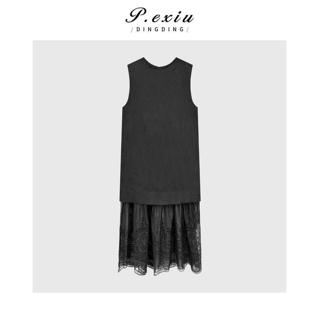 PanYiXiu/潘依绣【浪漫序曲】100%亚麻拼接蕾丝假两件连衣裙W-63221
