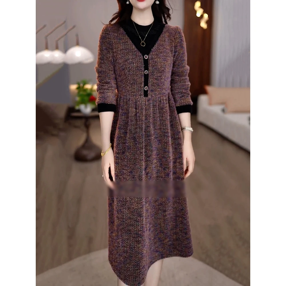 端庄优雅高级感收腰A字裙2025冬季新款气质减龄贵夫人显瘦连衣裙