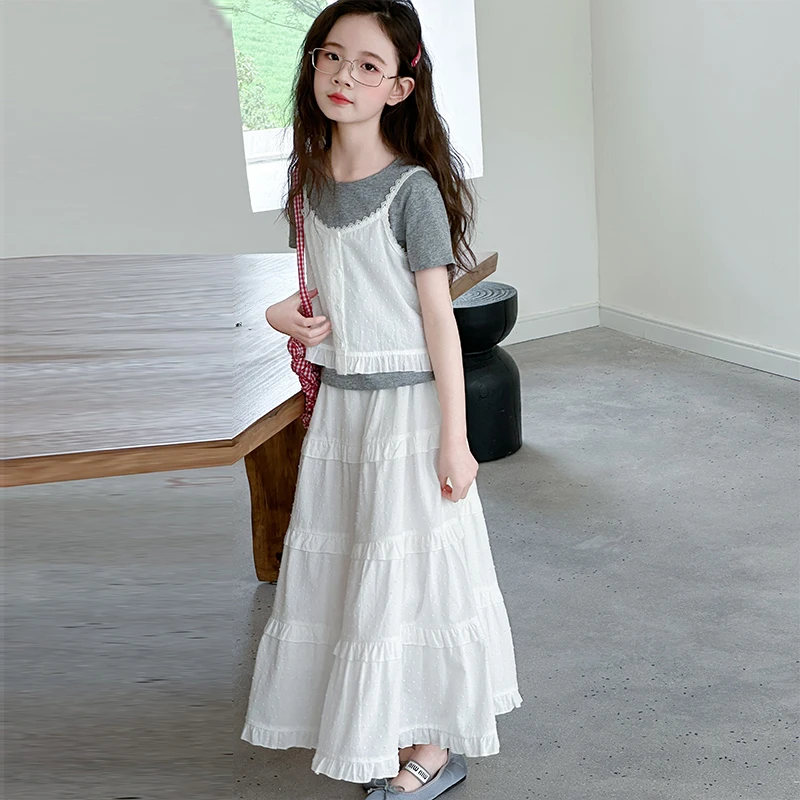 女童套装时尚花边吊带半身裙三件套童装3-15岁夏季甜美显瘦韩版