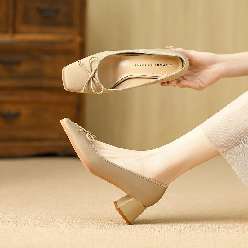 【XIEMAN】蝴蝶千颂～粗跟方头缎面女鞋贵气优雅时髦洋气高跟单鞋