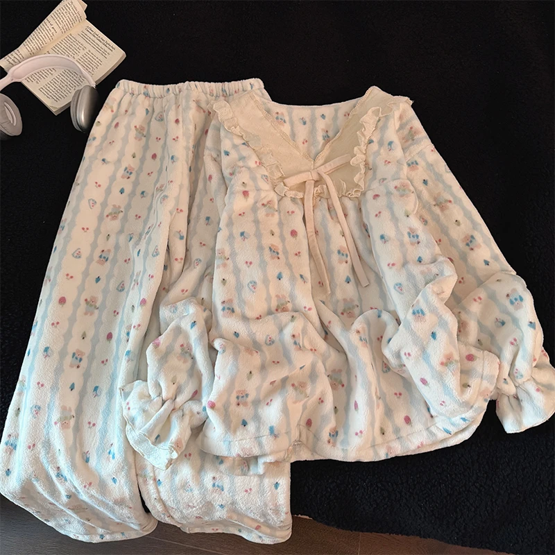 珊瑚绒睡衣女款冬季加绒加厚甜美风新款法兰绒秋冬款家居服套装