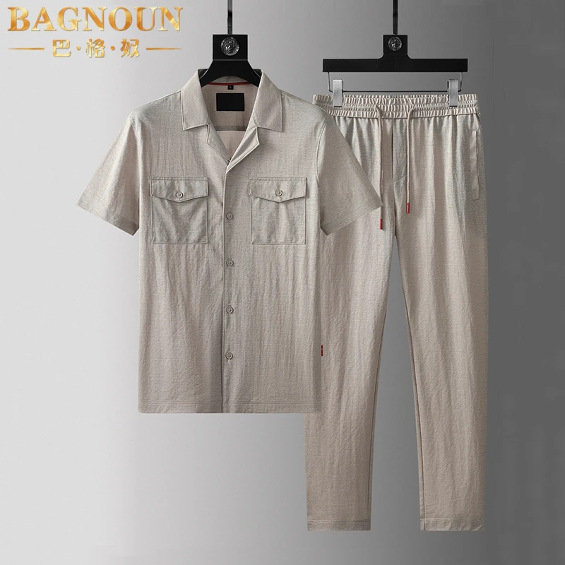 巴格奴休闲运动套装男士夏季新款时尚优雅老钱风翻领款短袖两件套