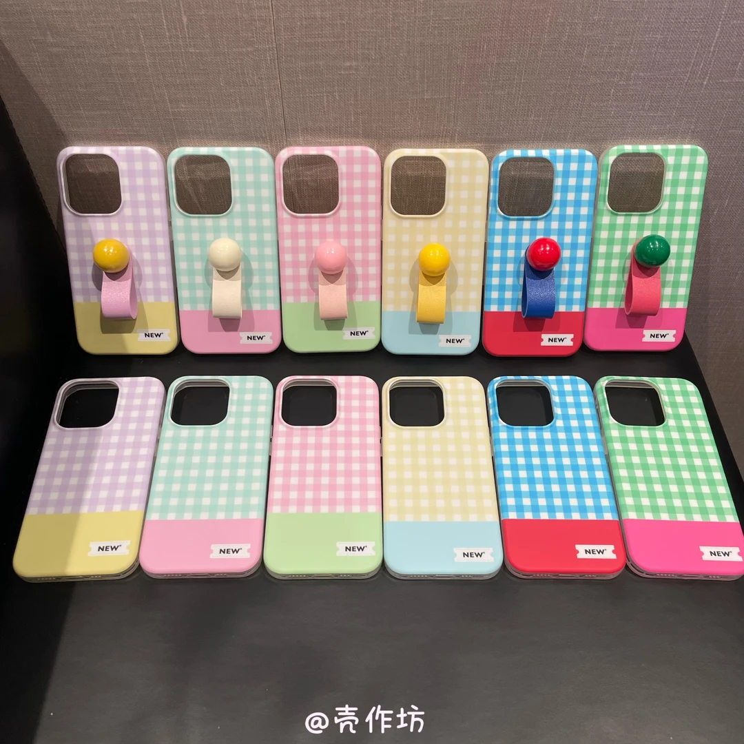 日韩风ins格纹带指环扣适用苹果iPhone13 14 15 16 ProMax手机壳