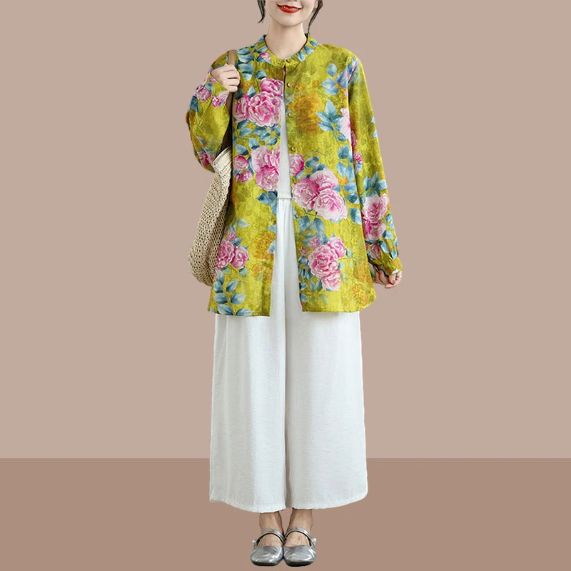 春秋文艺大码复古印花长袖上衣民族宽松休闲立领衬衫时髦洋气套装