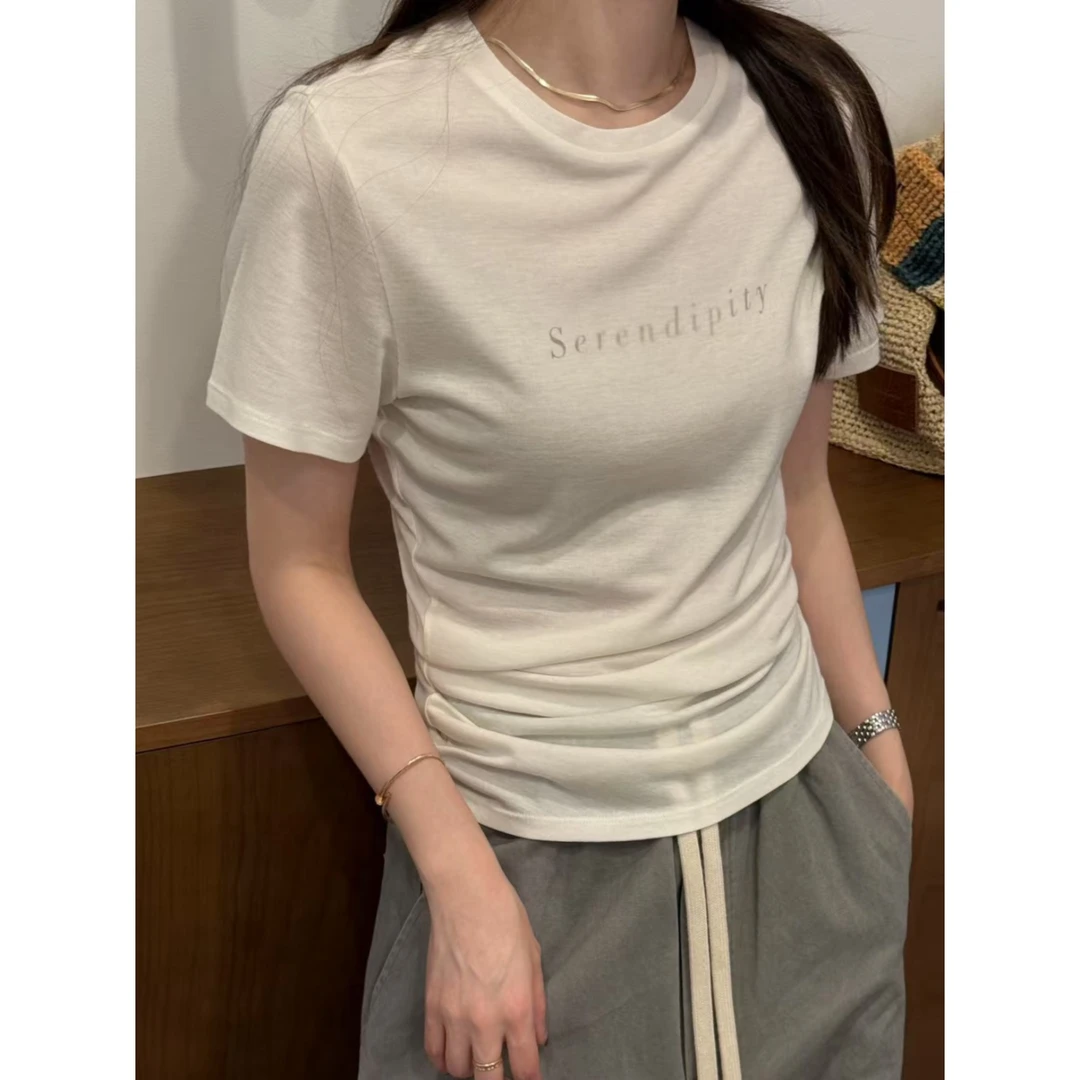 夏季凉感字母显瘦正肩上衣不规则修身设计感打底T恤T03063