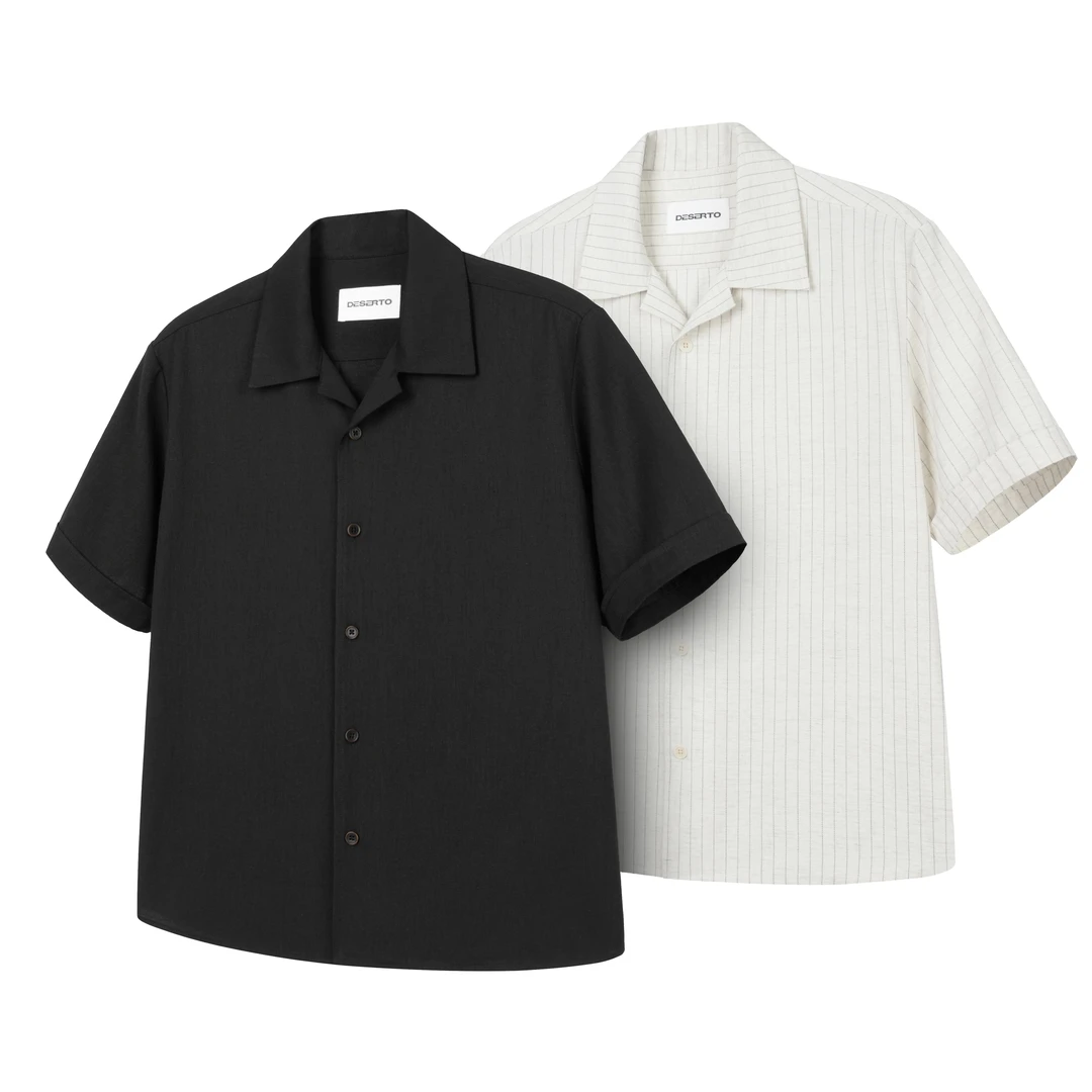DESERTO 天丝亚麻混纺条纹卷袖古巴领休闲宽松夏季短袖衬衫男