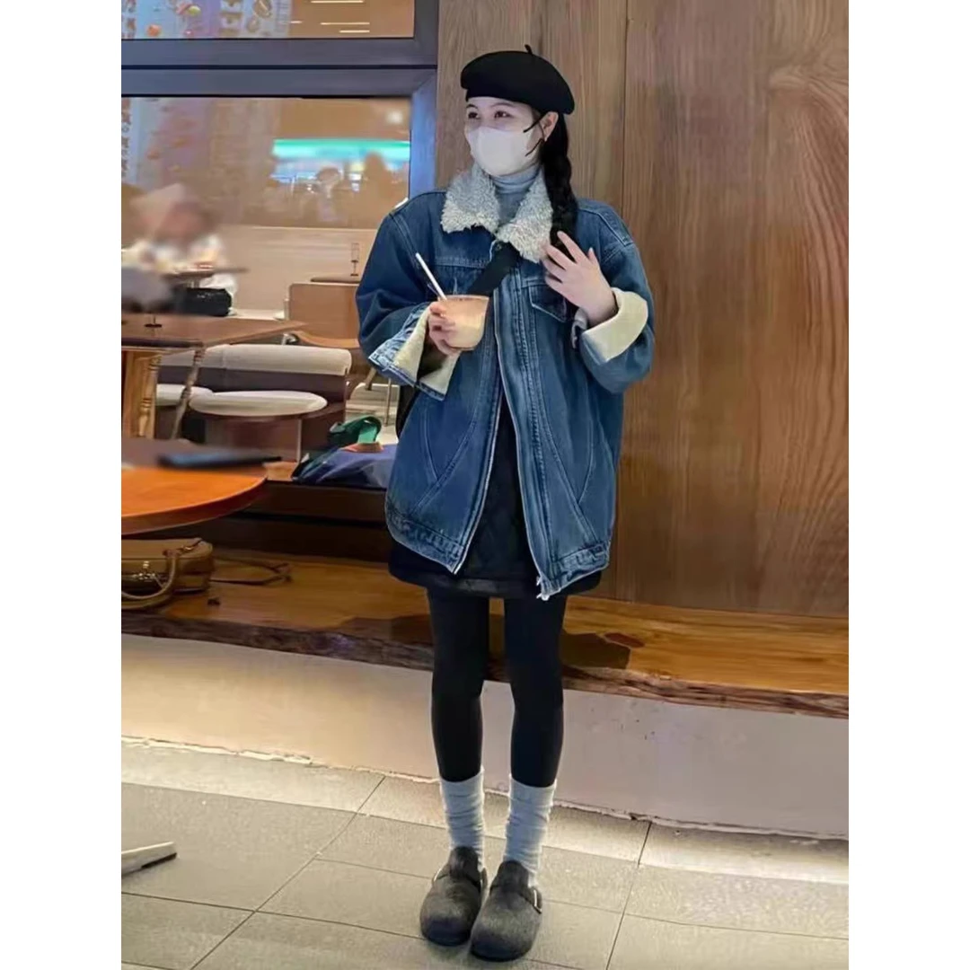 CHUMU/储慕时髦精新宠冬新款时尚复古毛毛领加绒夹克牛仔外套