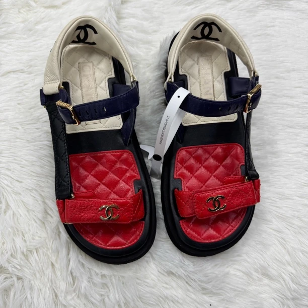 95新 Chanel/香奈儿 拼色厚底魔术贴凉鞋/36.5码/FZ061