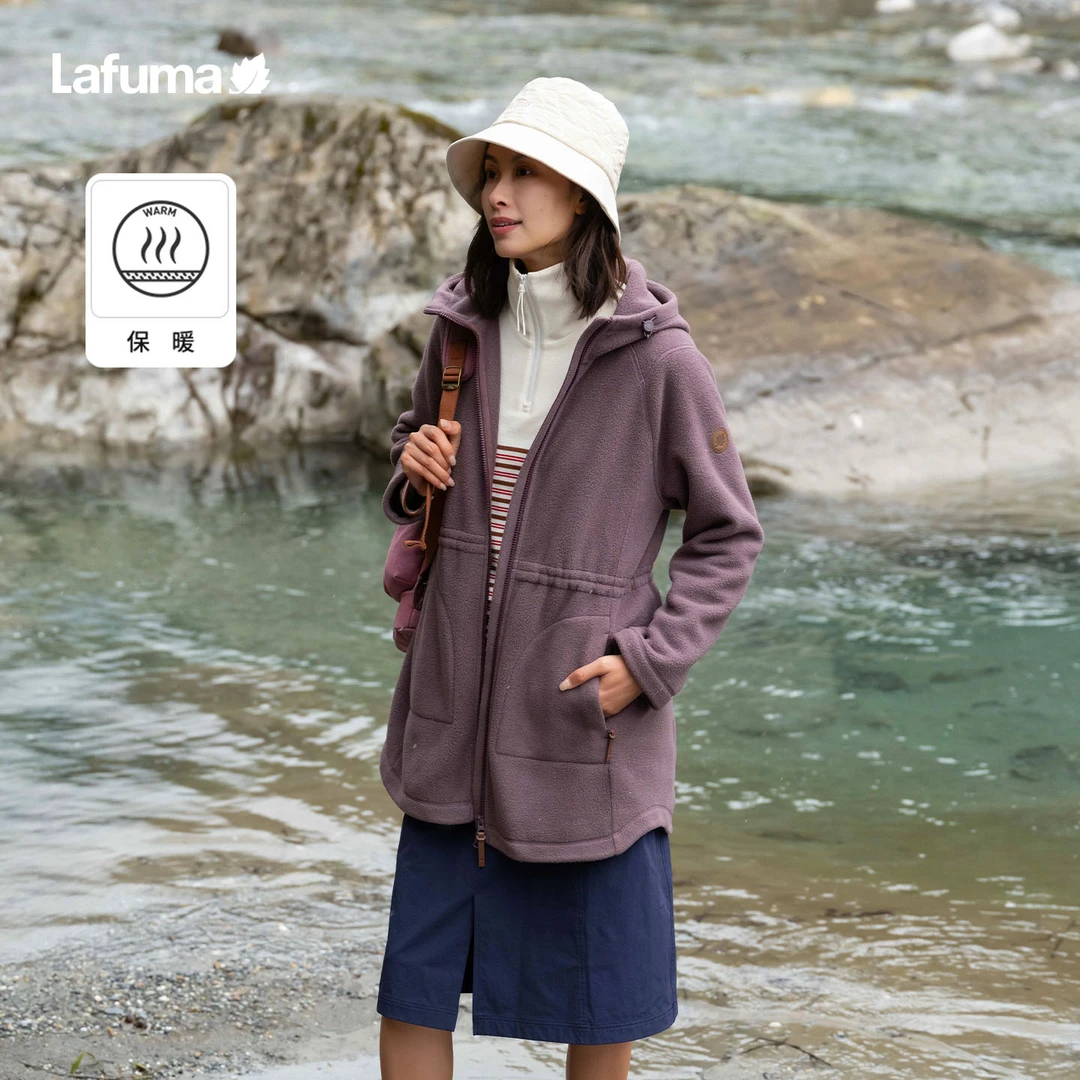 LAFUMA乐飞叶户外25秋冬保暖连帽抓绒衣女中长款摇粒绒LFJA5CR66