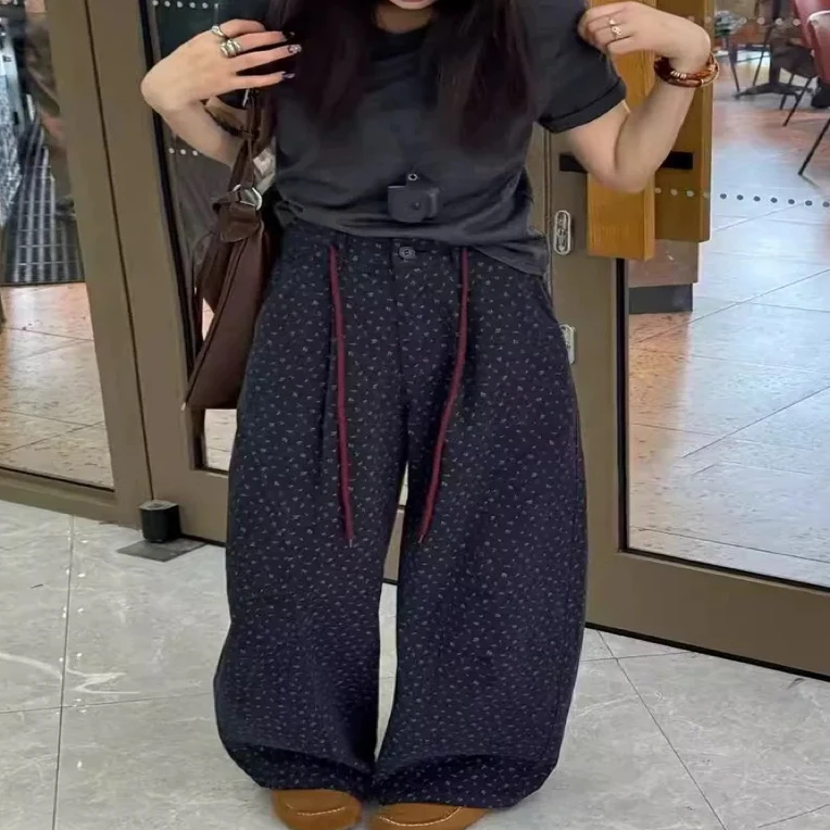 DCXY9701休闲碎花抽绳阔腿弯刀裤女2025秋款高腰显瘦直筒运动长裤