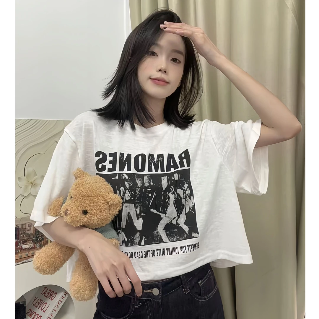 DIDI【画报】夏季新款美式复古画报图案设计感宽松圆领半袖短款上衣