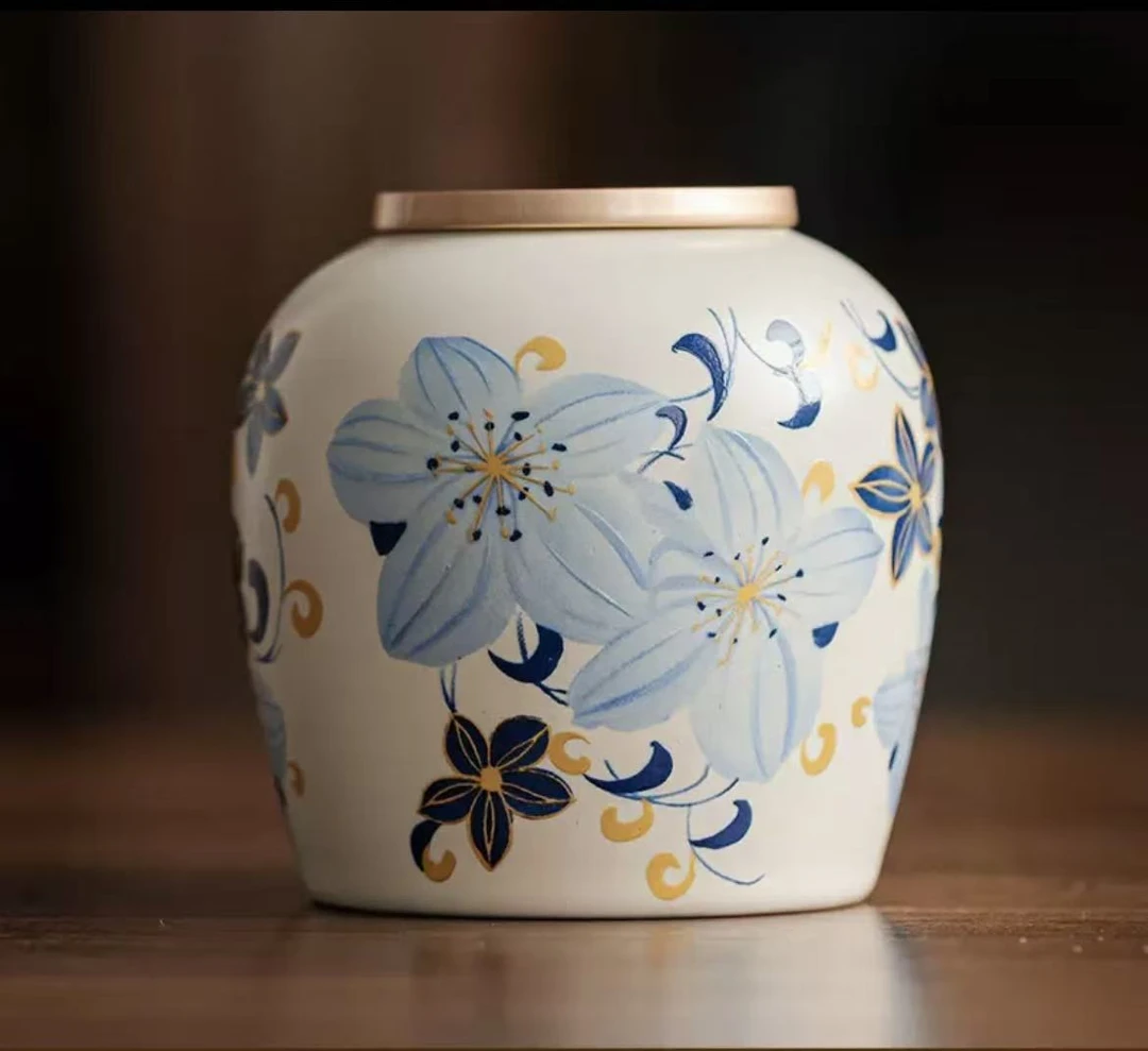 灵兰百合茶叶罐密封罐储存罐陶瓷罐普洱茶收纳罐茶叶罐子茶仓 FL