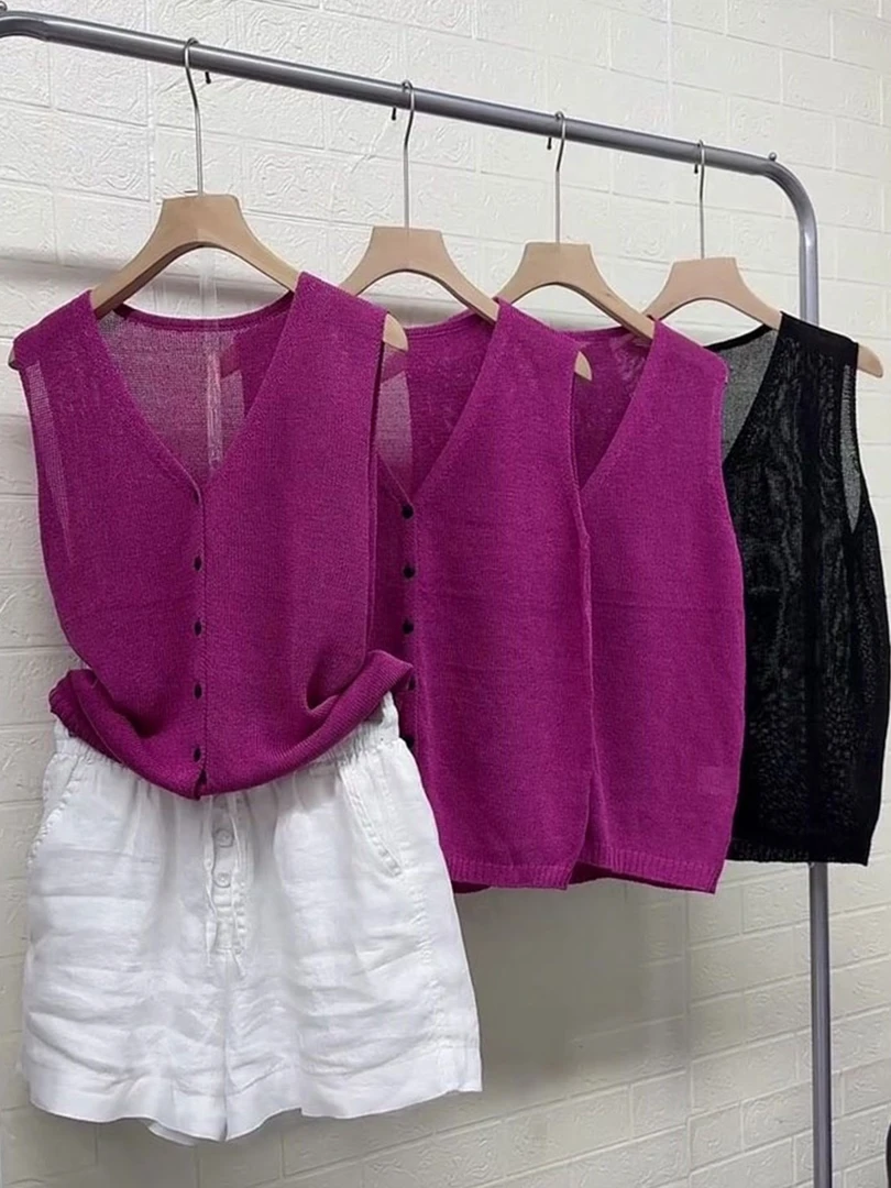 法式气质v领纯色无袖针织T恤女夏季2025新款时尚宽松显瘦背心上衣