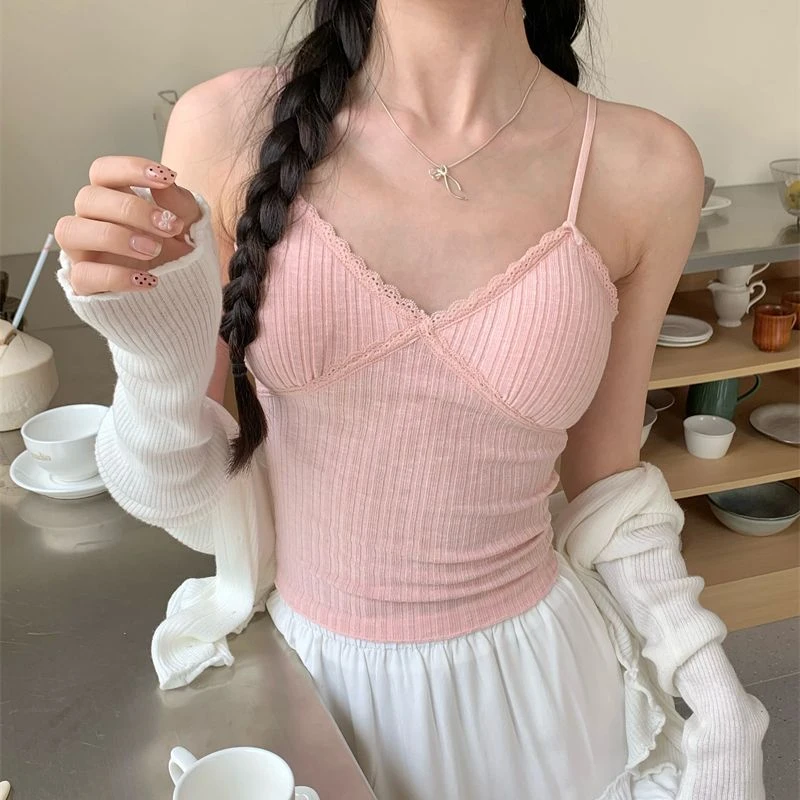 PPHOME自制~蕾丝美背 带胸垫吊带背心纯欲蕾丝边V领外扩内衣上衣
