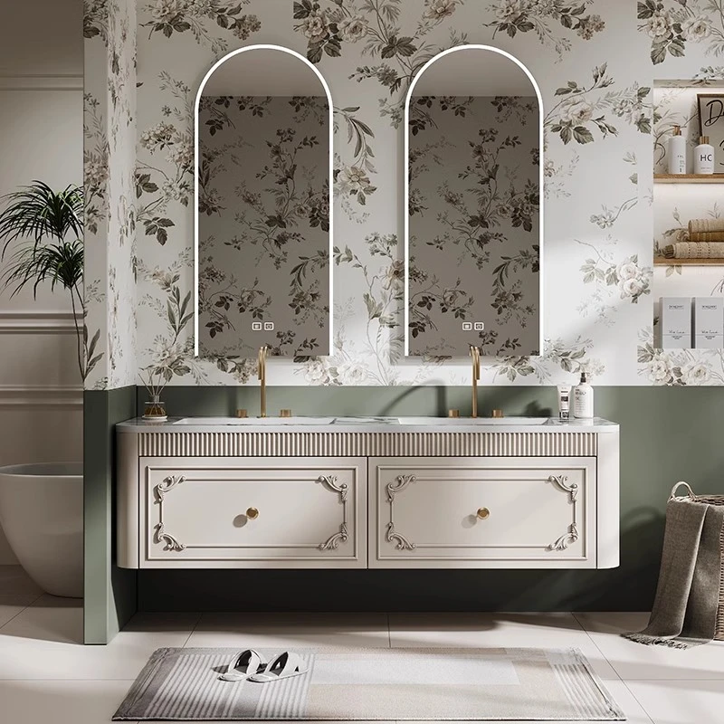 法式复古浴室柜组合岩板热弯一体盆智能实木卫生间洗漱台洗脸盆柜