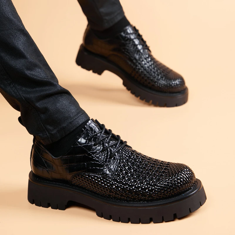 EAEOVNI夏季镂空透气皮鞋英伦商务休闲厚底软面百搭潮流正装大头