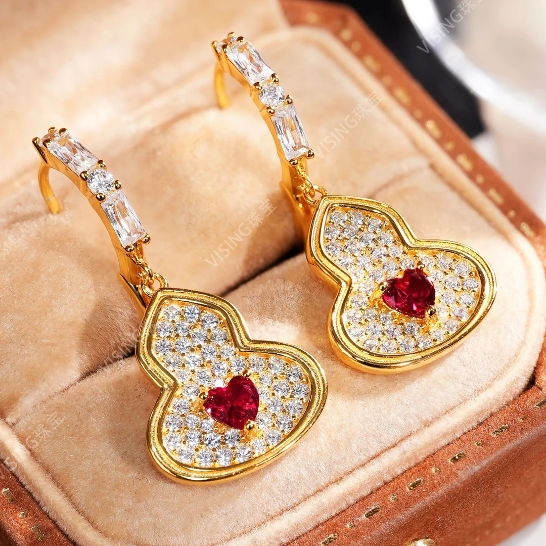 925银合成锆石耳饰 VS珠宝【粉丝福利】红色爱心金葫芦福禄耳坠