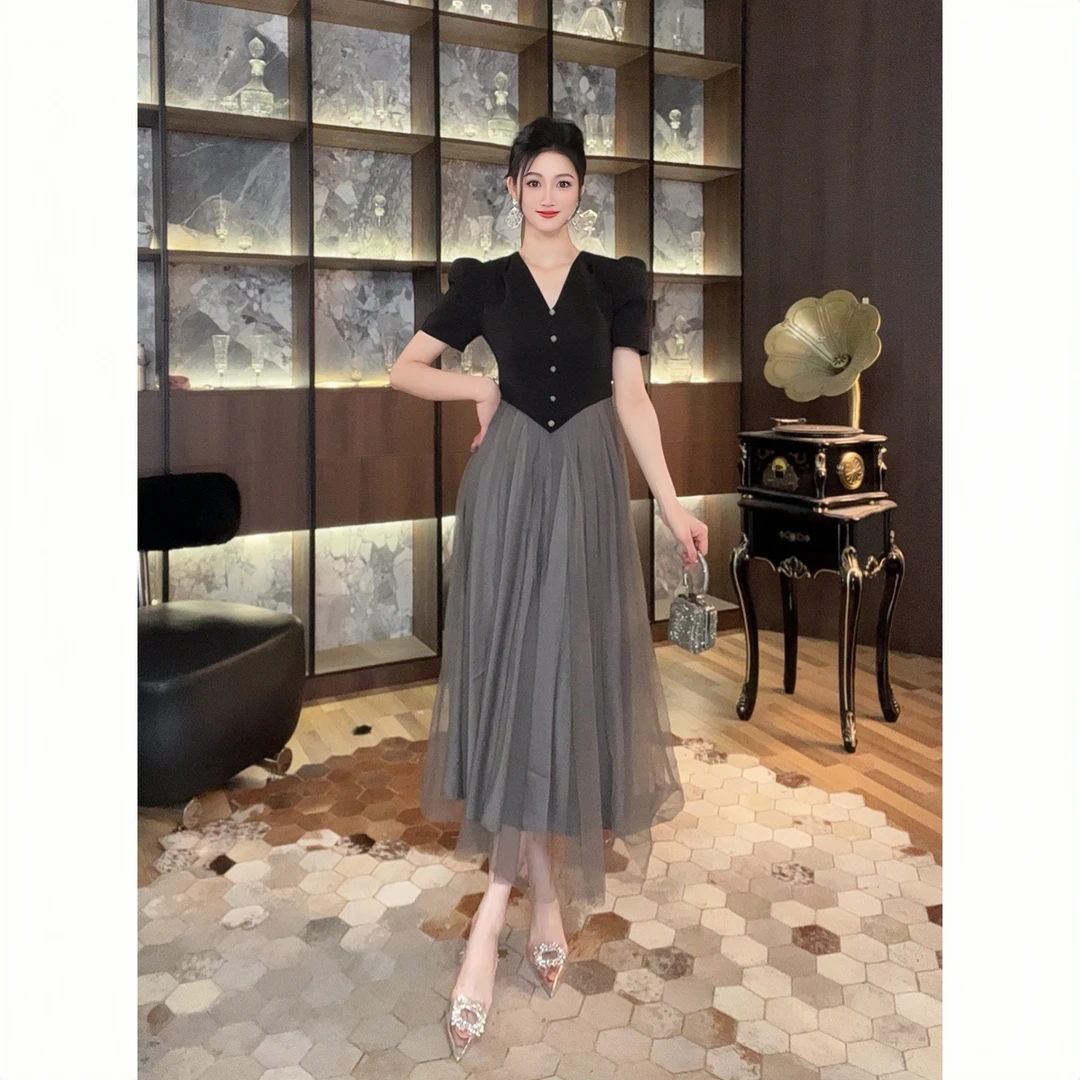 21705显瘦气质时尚夏季法式长款高腰复古拼接名媛百褶连衣裙