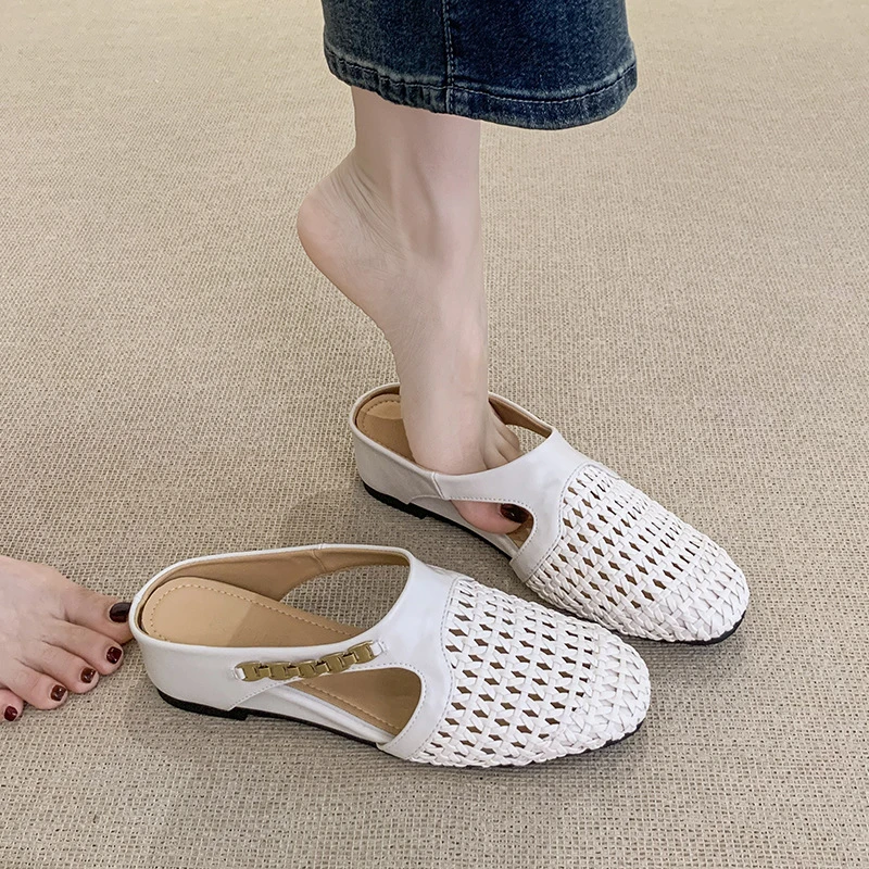 2025内增高5cm编织镂空包头半拖鞋外穿透气配裙子厚底凉鞋女时尚