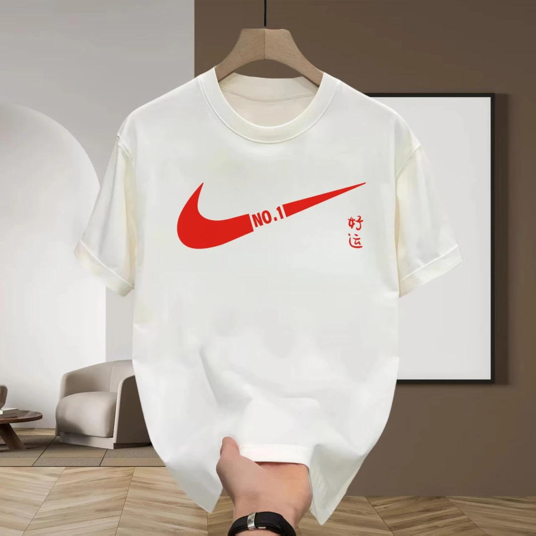 国潮夏季纯棉透气短袖T恤男士微修身休闲半截袖圆领潮流印花上衣