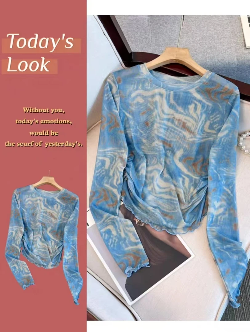 复古蓝色扎染薄款网纱长袖T恤女夏季捏褶收腰设计感百搭防晒上衣