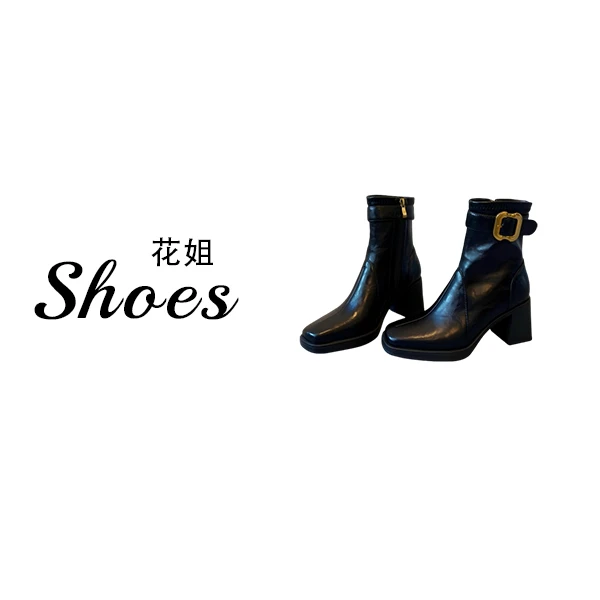 法式方头复古皮带扣粗跟短靴女秋冬新款百搭时尚高跟鞋