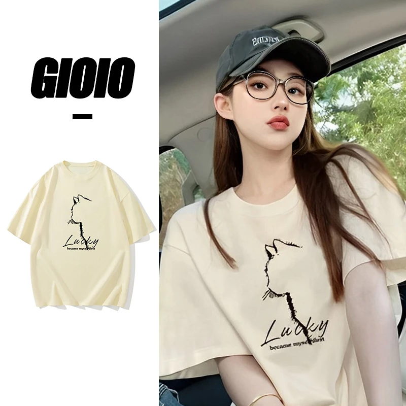 FNFE240克重磅潮牌手绘小猫咪t恤男女同款夏季白色宽松纯棉短袖