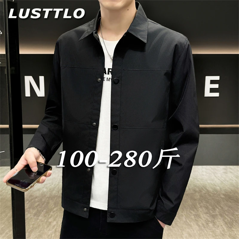 大码春秋季新款休闲翻领外套男士宽松加肥加大百搭胖子工装夹克