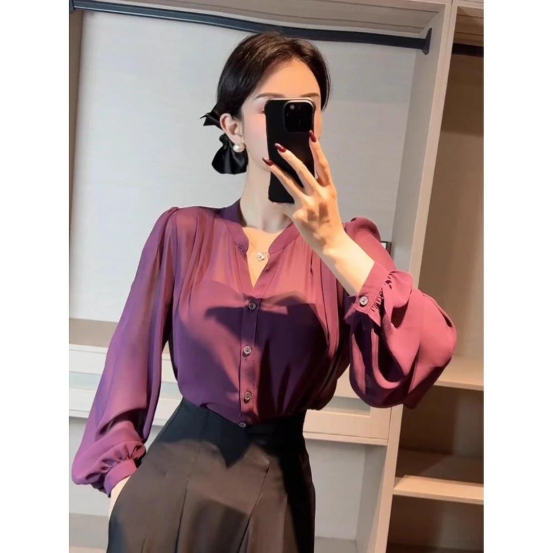 御姐高级女神通勤时尚V领雪纺长袖衬衫女夏季2025款薄款减龄上衣