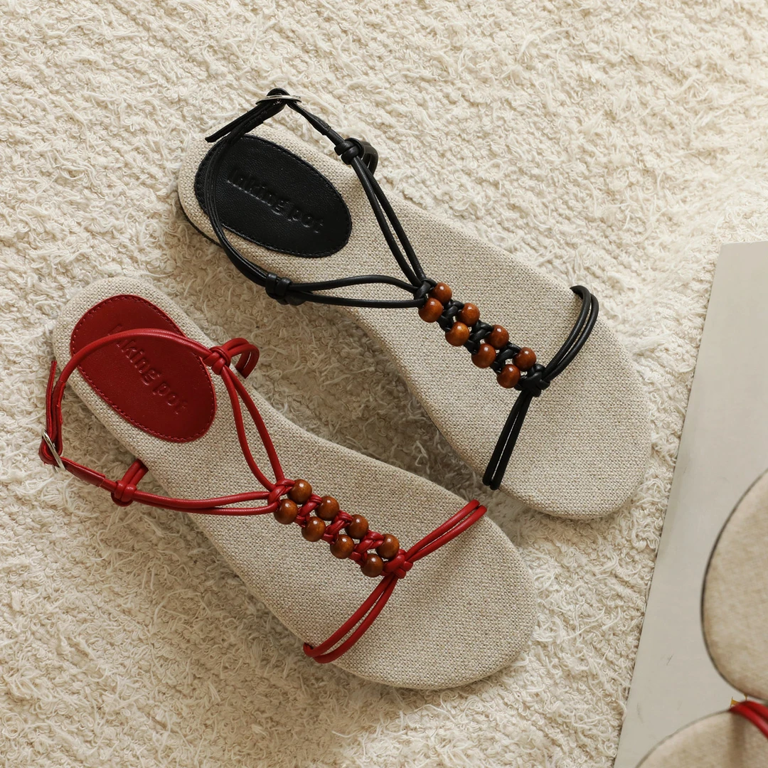 法式复古串珠罗马凉鞋女外穿度假平底露趾编织女鞋时尚夏季ins