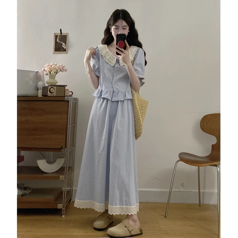 MO88ZSPF大码胖mm韩系甜美花边短袖衬衫+高腰半身裙两件套穿搭女