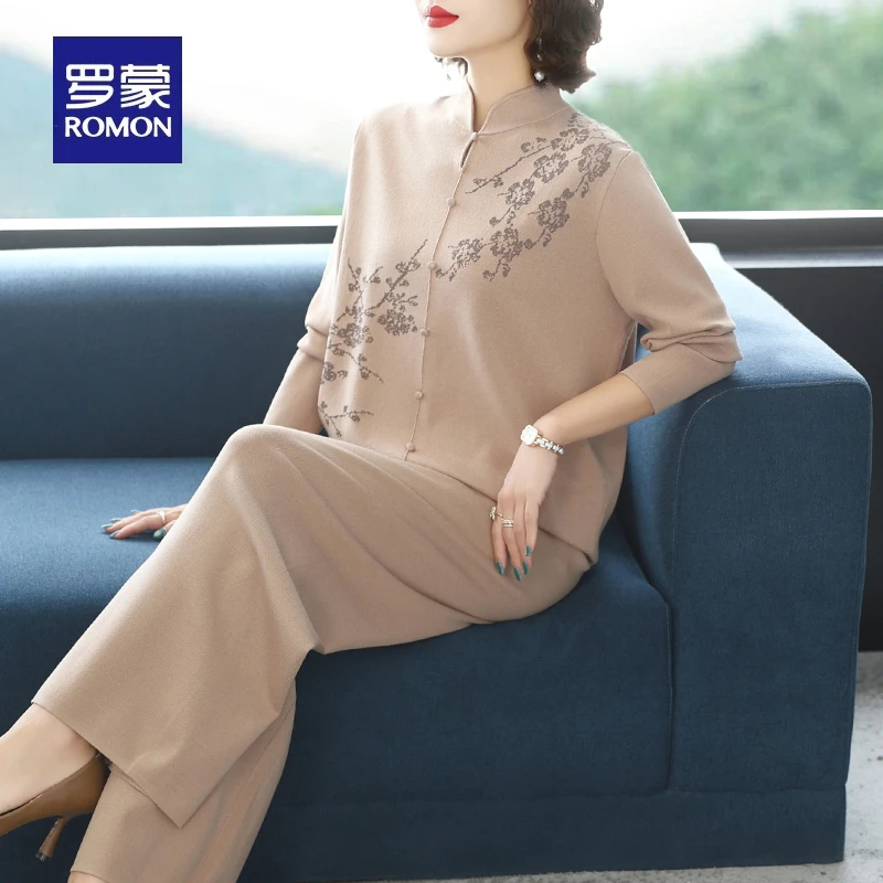 罗蒙新中式妈妈秋装国风休闲新款气质百搭中老年女春秋针织两件套