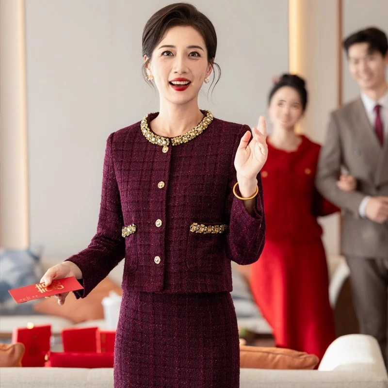 小香风上衣半身裙套装2025新款轻奢高级感秋冬喜妈妈礼服高贵气质