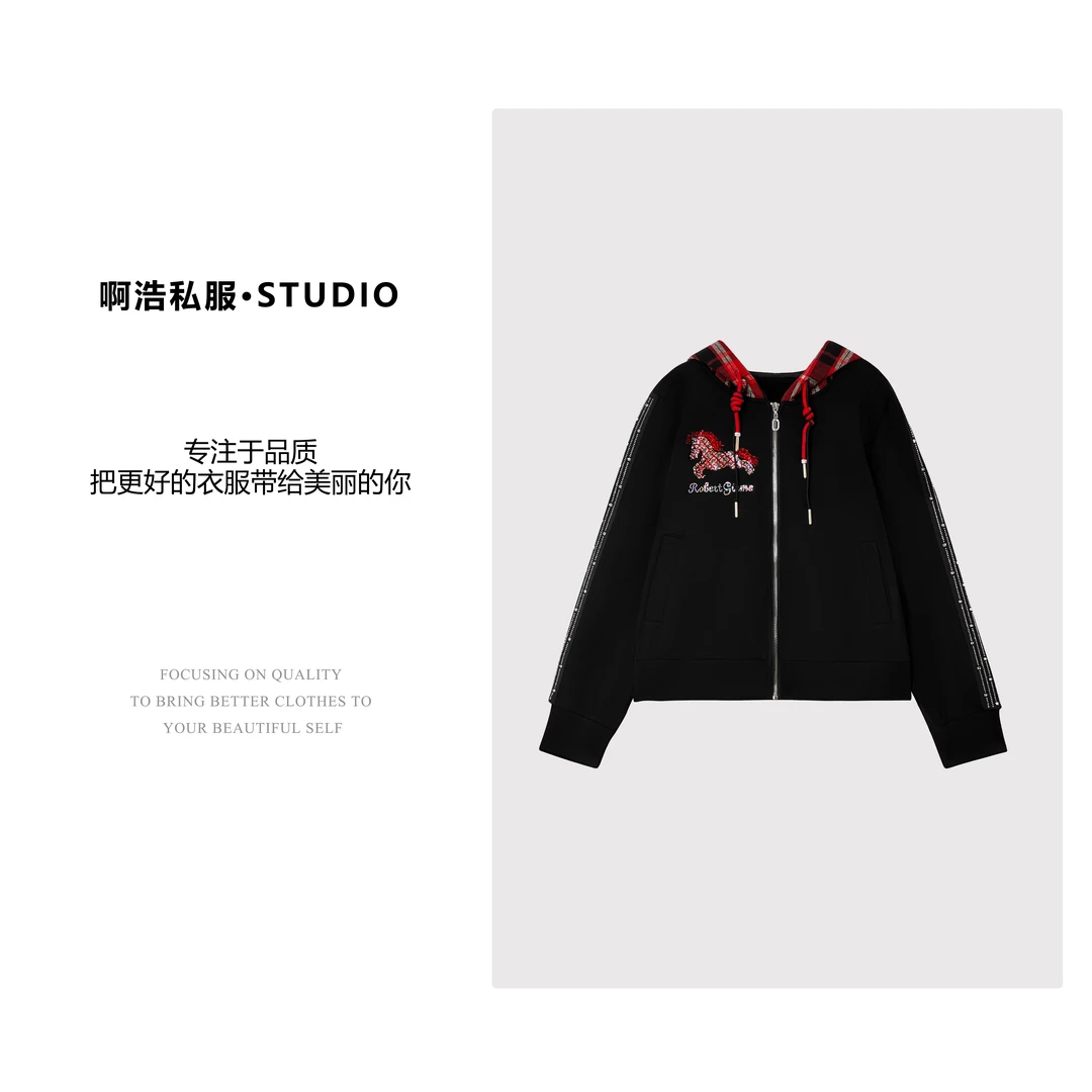 【啊浩私服】冬季新款时尚烫钻百搭休闲连帽上衣#9751