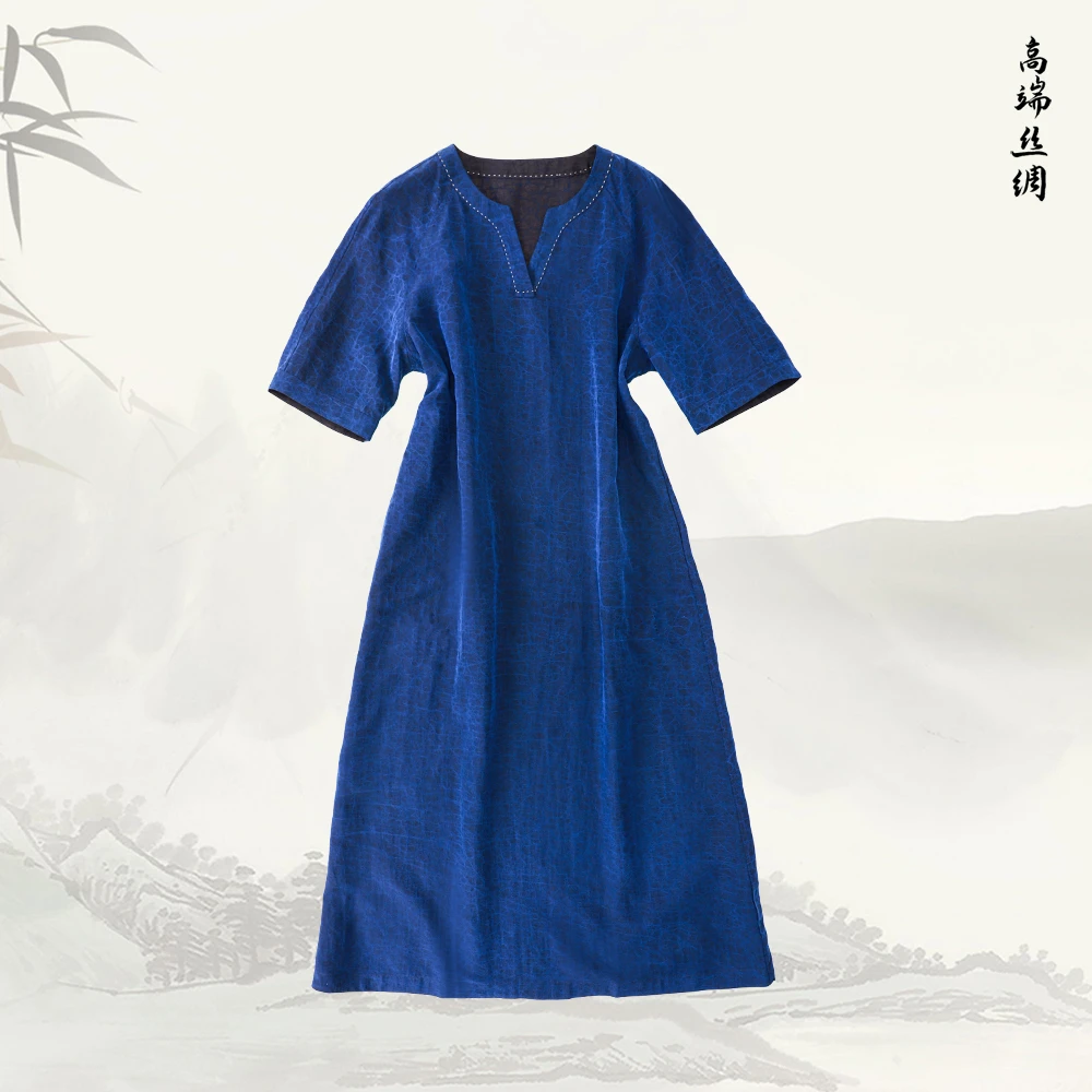 品牌新款桑蚕丝香云纱气质时尚短袖蓝龟连衣裙51187