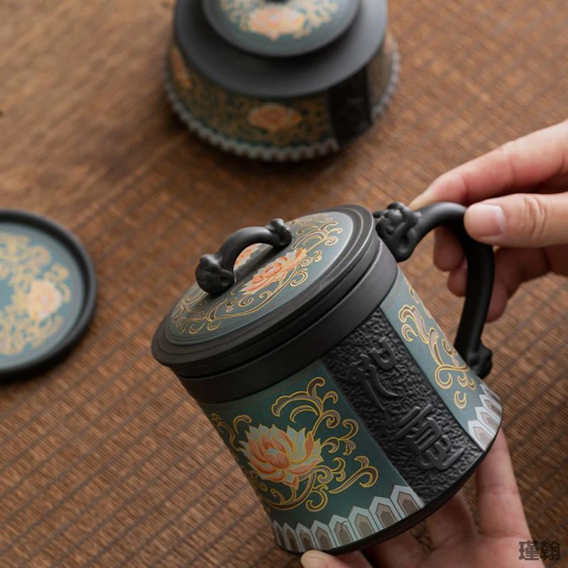 复古紫砂茶杯茶水分离杯中式手绘办公泡茶水杯子礼品盒