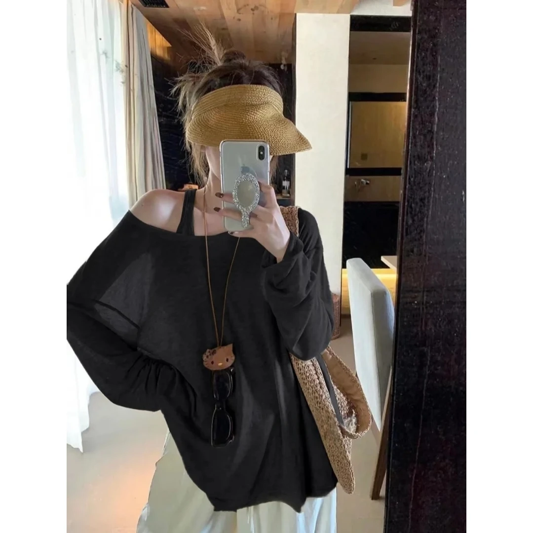 慵懒风长袖防晒罩衫女夏季薄款宽松上衣叠穿吊带背心舒适两件T恤