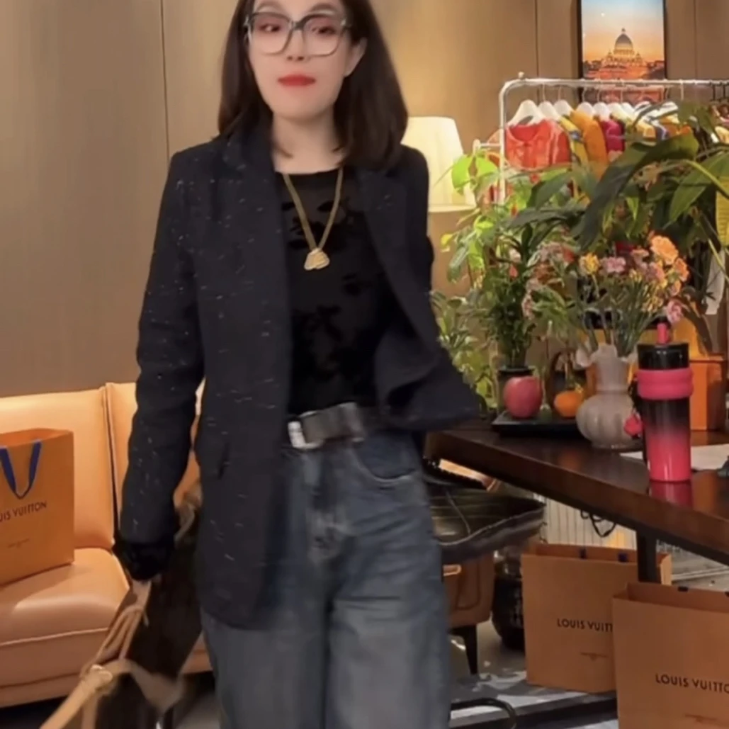 咖毛呢女式春秋高级感气质百搭休闲西装外套显瘦网红洋气时尚黑色