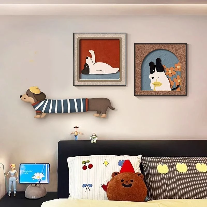 多巴胺卧室儿童房装饰画趣味卡通小狗客厅大白墙装饰画创意墙871