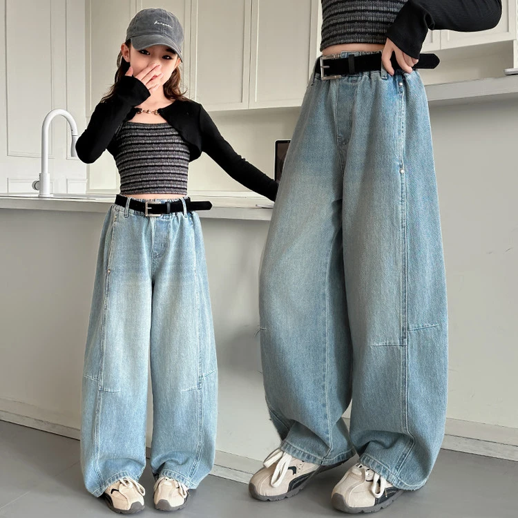 女童弯刀牛仔裤春秋新款2025中大童洋气网红弯刀裤休闲长裤直筒裤