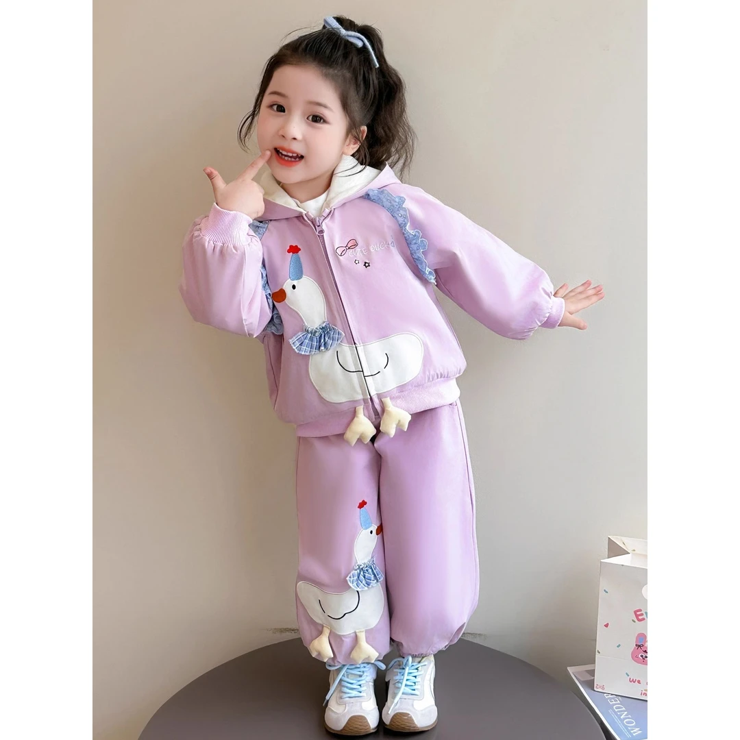 女童卡通加绒连帽套装秋冬季2025新款儿童洋气时髦保暖冬装两件套