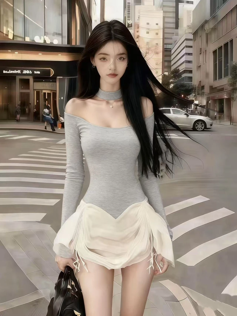 韩版早秋氛围感御姐辣妹穿搭灰色修身一字肩露肩长袖纯欲连衣裙