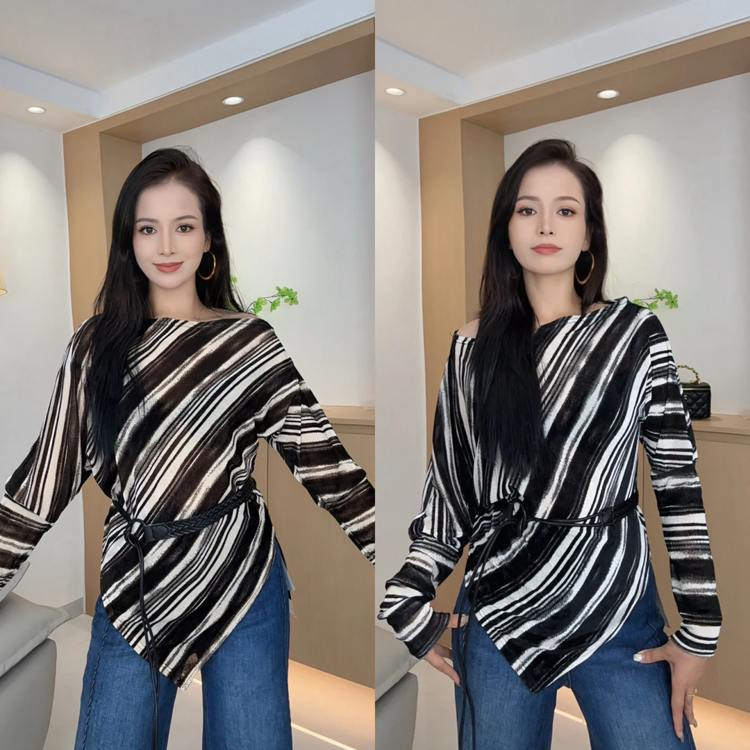 新疆包邮条纹修身型轻职风印花法式抗起球长袖送腰带7977