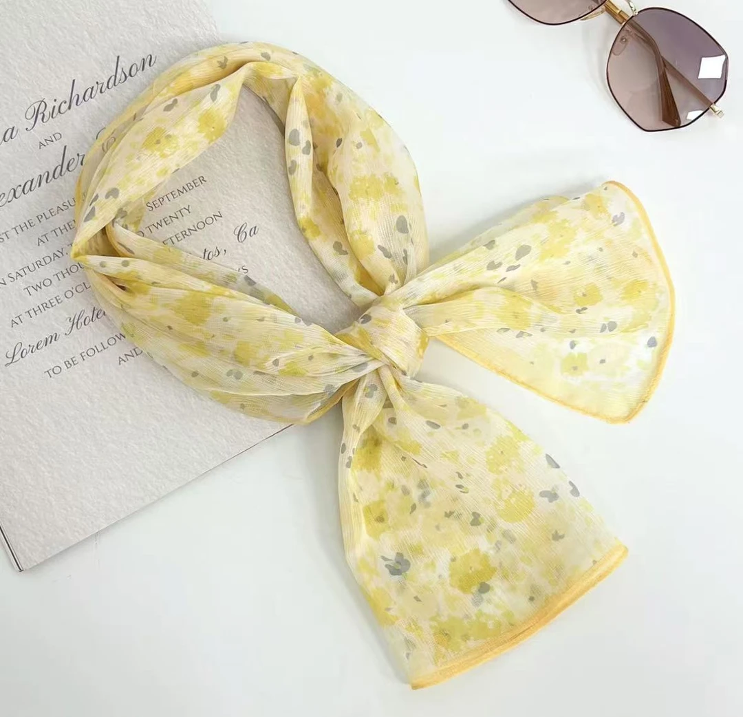 （1037）小黄花 40*140原创法式复古真丝棉长巾轻奢百搭丝巾