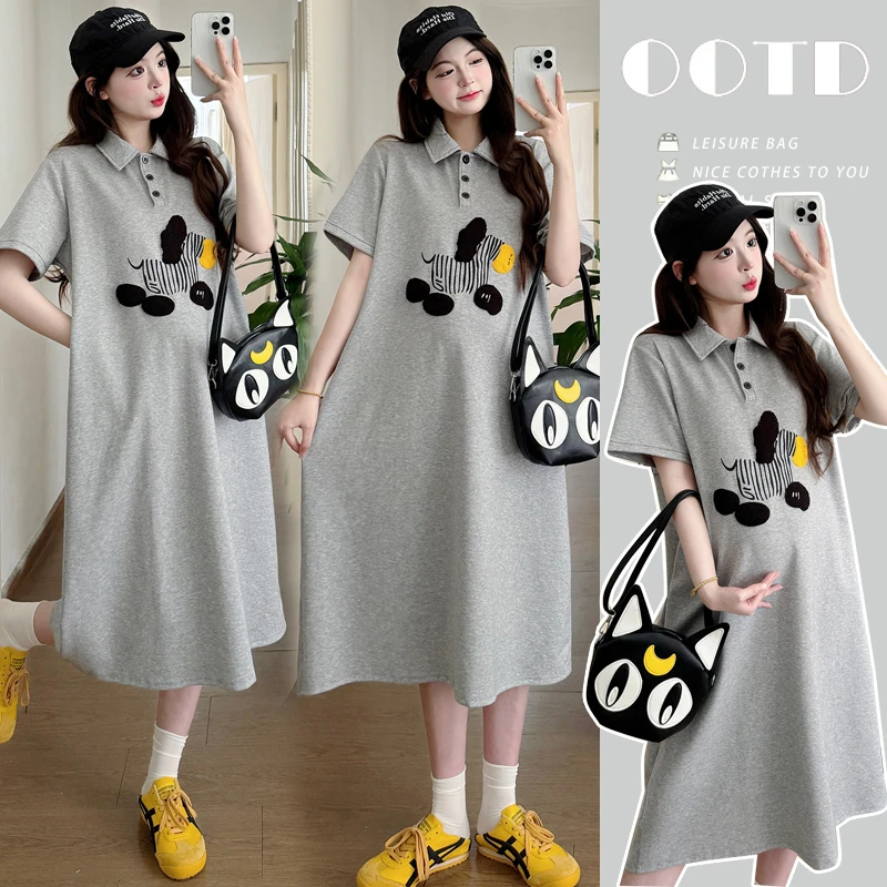 【玫瑰优选】2025新款夏季慵懒绣花斑马oversize孕妇连衣裙中长款