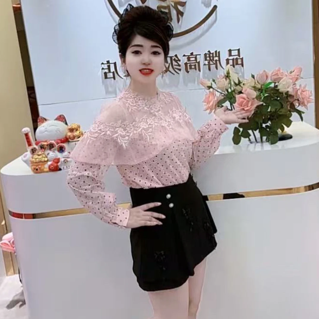 高级重工订珠甜美荷叶边拼接长袖半高领蕾丝衫女时尚气质百搭衬衫