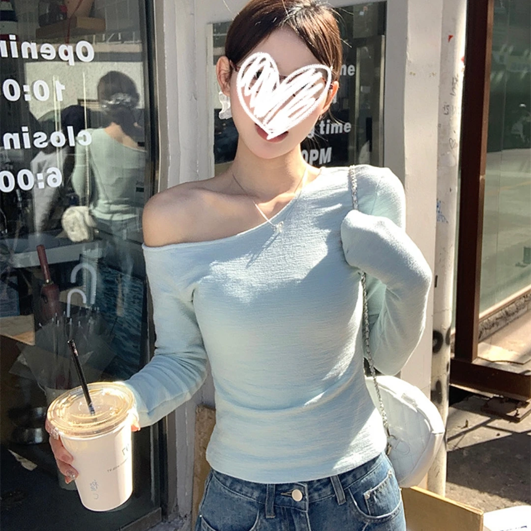 韩系黄色斜露肩长袖t恤女早春季2025新款修身显瘦收腰甜辣妹上衣