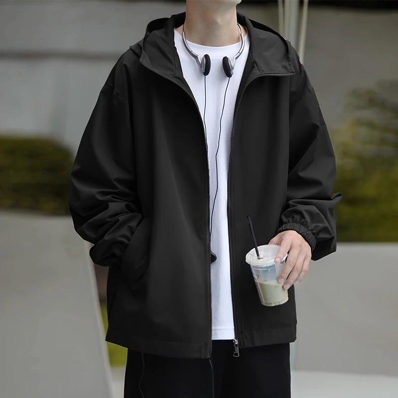 美式冲锋连帽夹克男士春夏季纯色新款高街户外夏天防晒上衣服外套